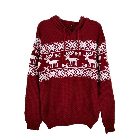 Unbranded Sweaters - Women Red Burgundy Hooded Sweater Size XL Winter Christmas Holiday Deer Pullover